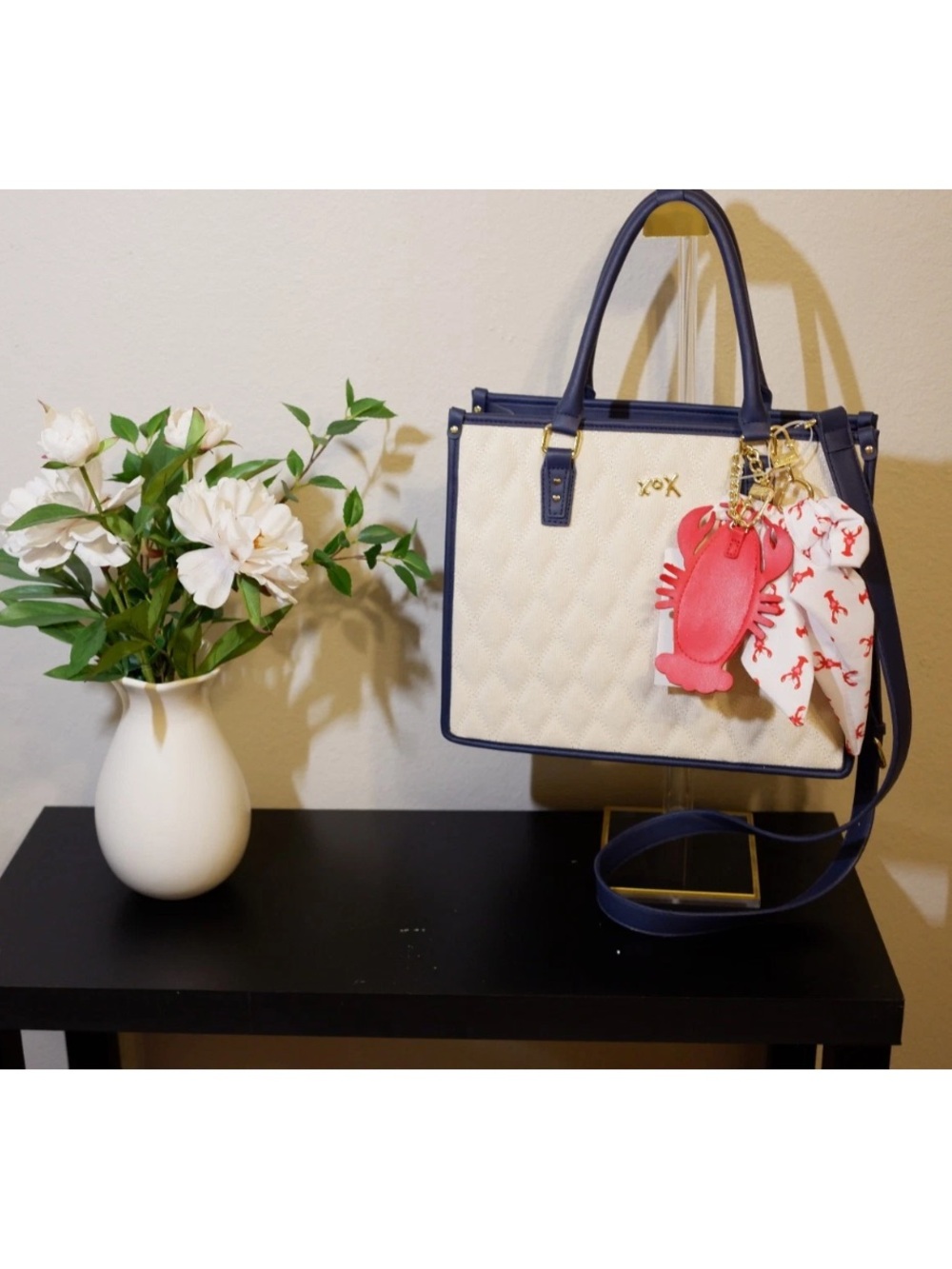 NWT Betsey Johnson XO LALA
Quilted Tote Bag Cream Navy Trim Red
Lobster Charm